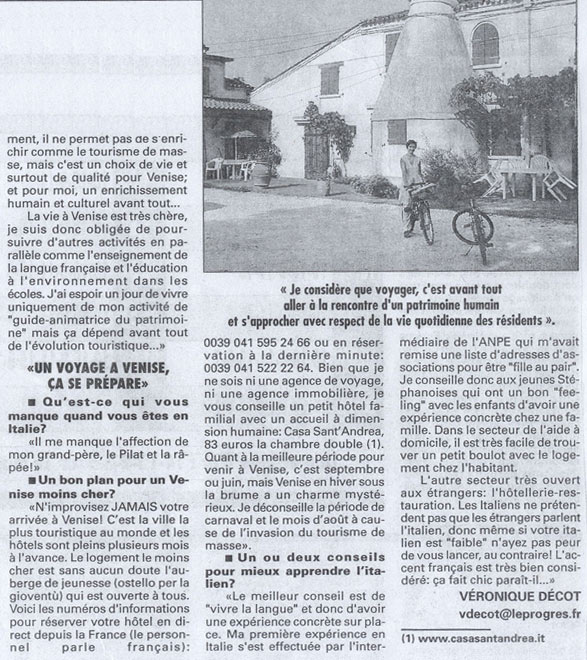 La deuxième page du journal Le Progrès de Lyon parle de mes parcours pour un tourisme durable à Venise